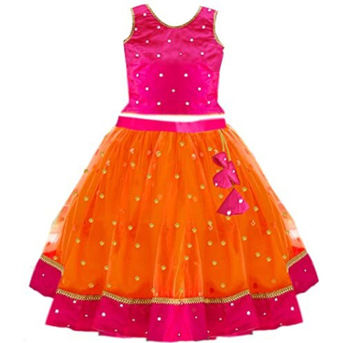 Stanwells Kids Orange And Magenta Combo South Indian Baby Girls Mirror Work Net Readymade Lehenga Choli Set (6-7 Years)