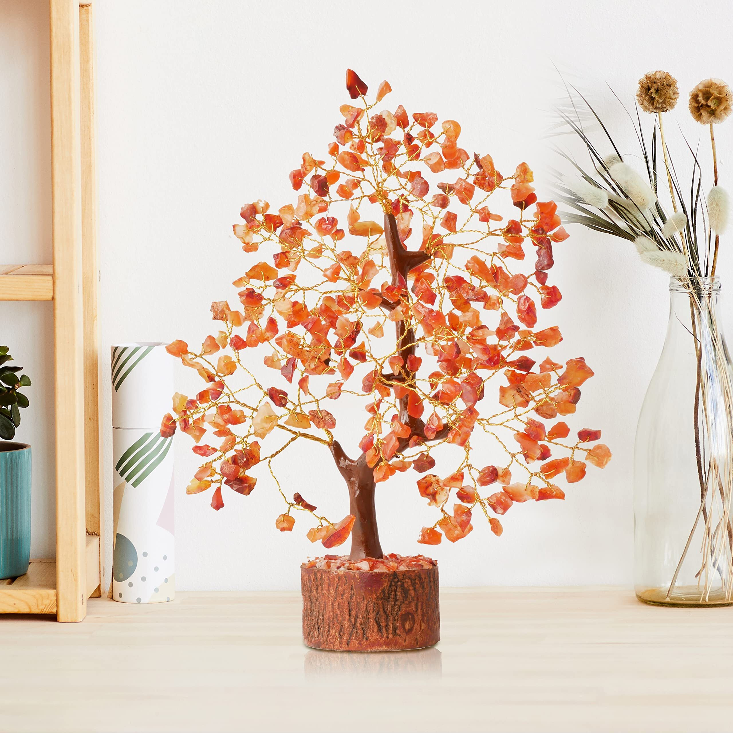 PREK Crystals and Stones, Carnelian Crystal Showpiece for Home Decor Decoration Bonsai Money Tree, Size 10-12 inches, Orange Golden Wire. 1 Piece