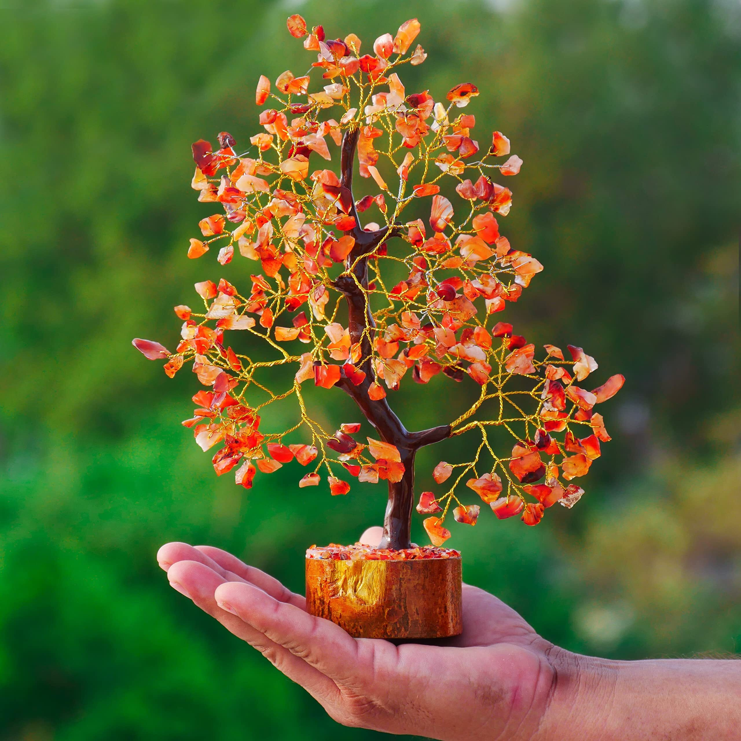 PREK Crystals and Stones, Carnelian Crystal Showpiece for Home Decor Decoration Bonsai Money Tree, Size 10-12 inches, Orange Golden Wire. 1 Piece