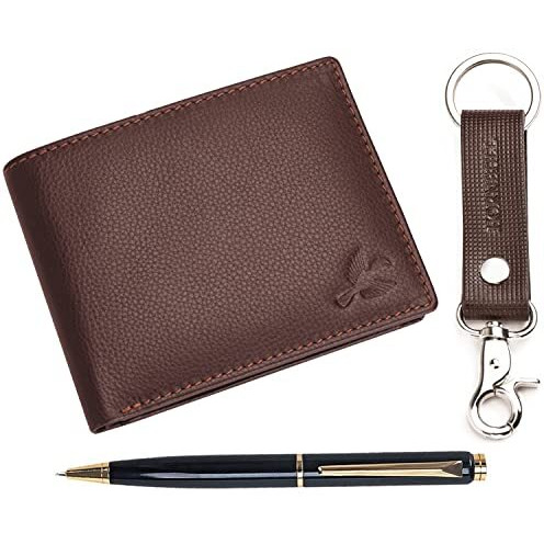 HORNBULL Maddison Brown Leather Wallet for Mens, Keyring & Pen Combo Gift Set for Men | Wallet Men Leather Branded