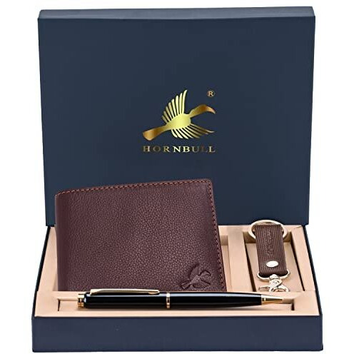HORNBULL Maddison Brown Leather Wallet for Mens, Keyring & Pen Combo Gift Set for Men | Wallet Men Leather Branded