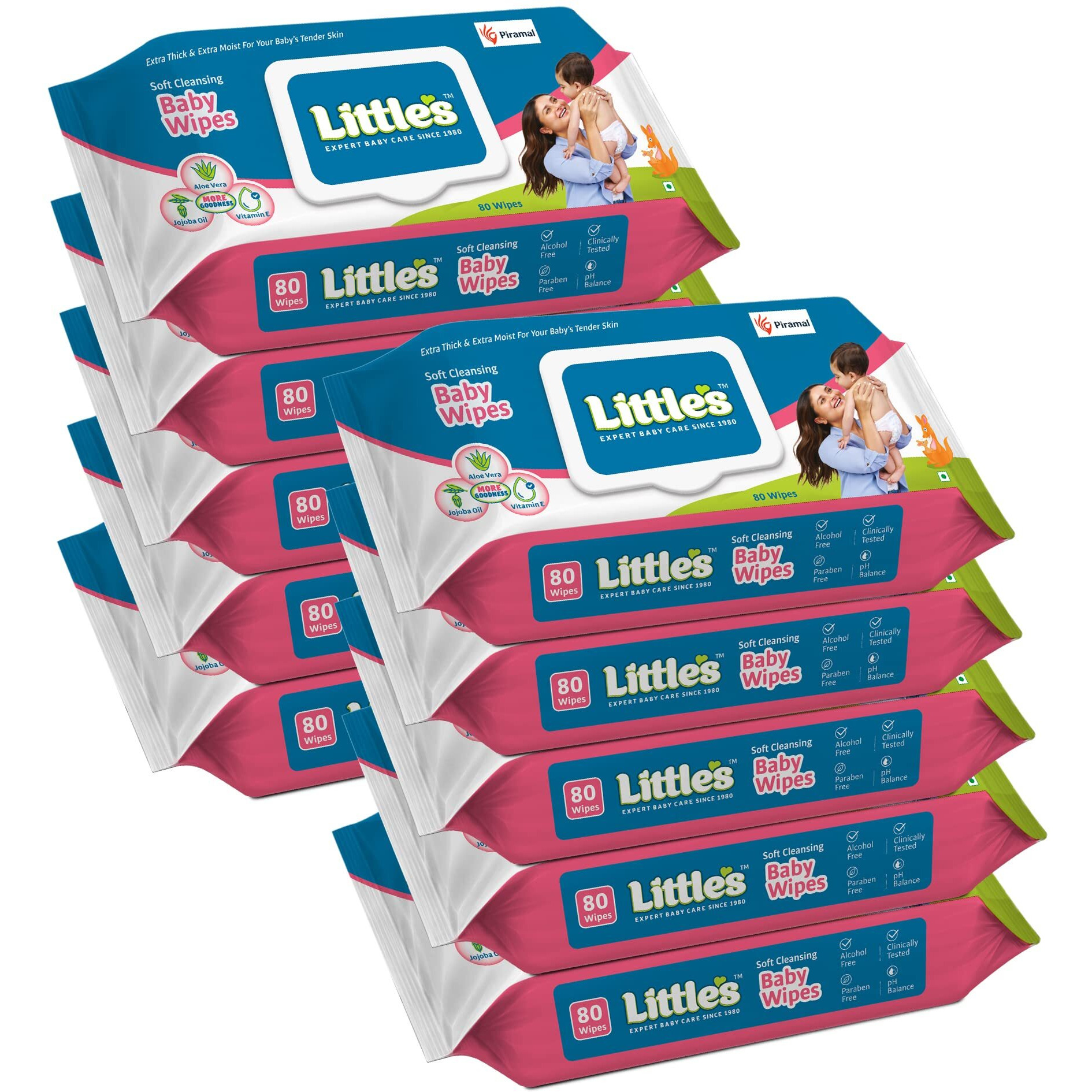Little s Soft Cleansing Baby Wipes (80 Wipes, Lid Pack of 10) I Extra Thick and Moist I Goodness of Aloe Vera, Vitamin E & Jojoba Oil I Nourishes Skin I Alcohol-Free I Paraben-Free I Clinically Tested