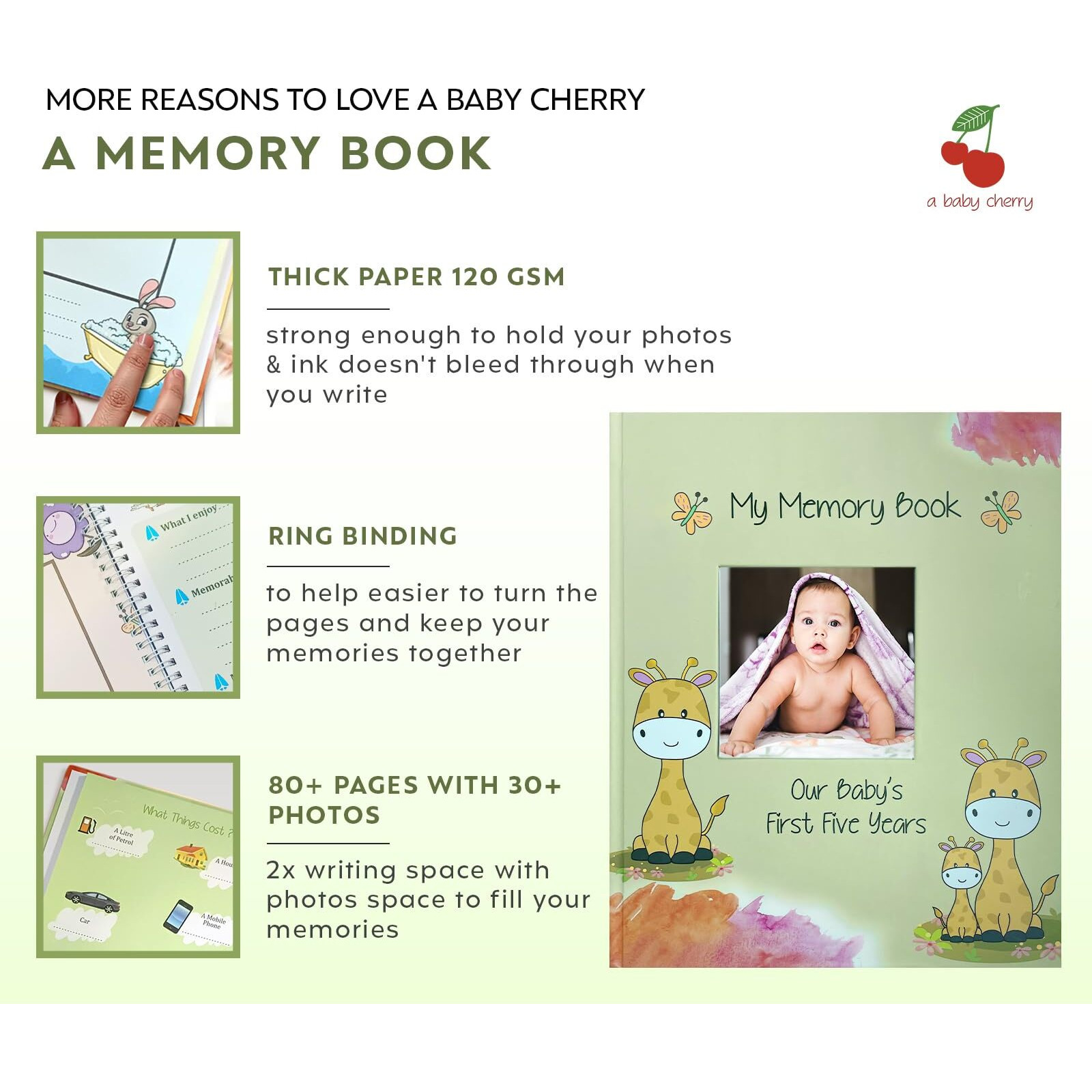 A Baby Cherry - Baby Record Book With Photo Album || 80 Pages || Baby Memory Book For 0 To 5 Years || Milestone Album || Modern Baby Record Books For Memories|| Perfect Baby Gift For Boy Or Girl