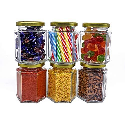 Crystalware Hexagon Glass Jar With Air Tight Metal Cap, 250 Ml (Set Of 12)