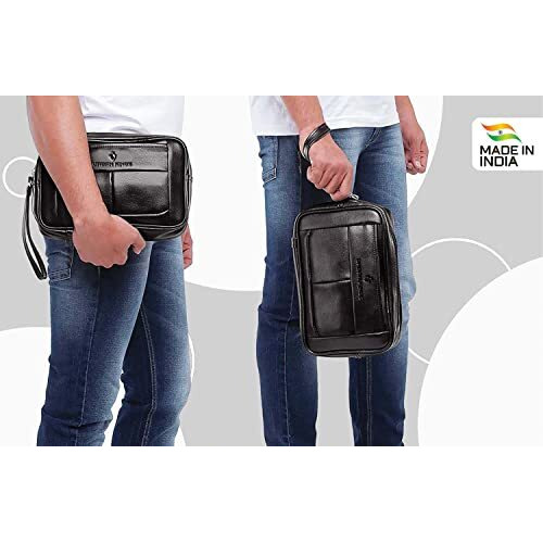 Urban Kings Men's Faux Leather Cash Pouch/Money Carrying Pouch/Multipurpose Travel Pouch Leather Big Wrist Clutch Bags Business Bag,Document Carry Bag,Shop Bag, High-Capacity (Black)