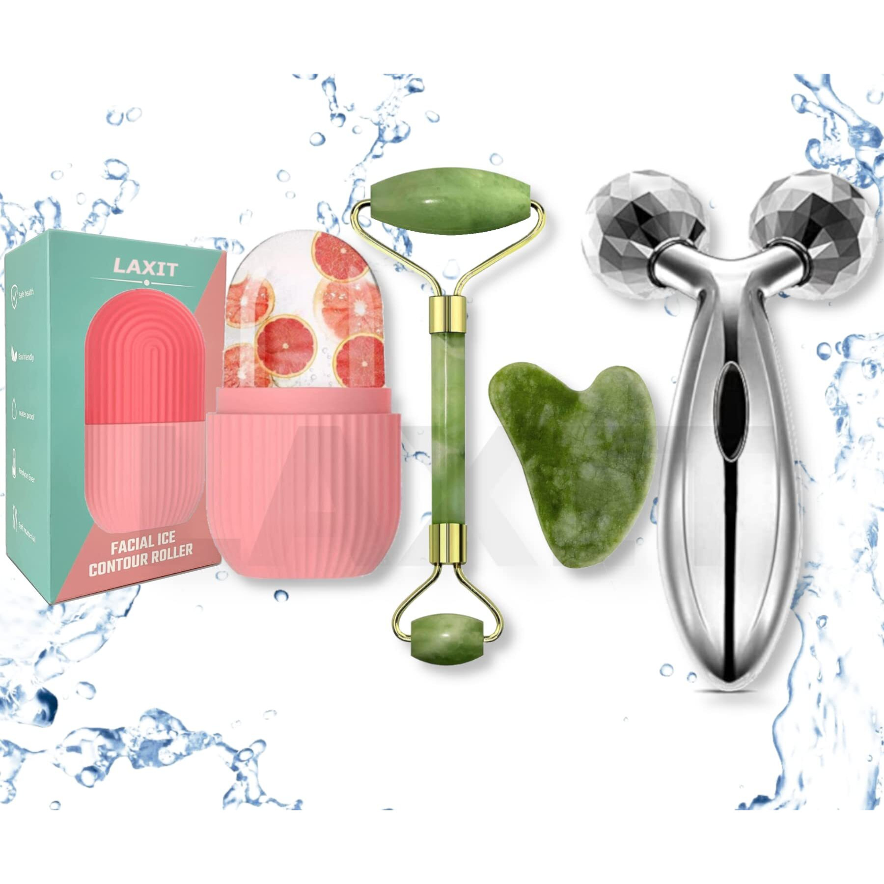 Laxit  Face Stone Roller Massager With Gua Sha Jade Stone,Ice Roller And 3D Massager Roller Set Facial Combo For Skin Eye Body Ice Cube Women Men Reusable (Ice Roller + Stone Roller + 3D Roller)