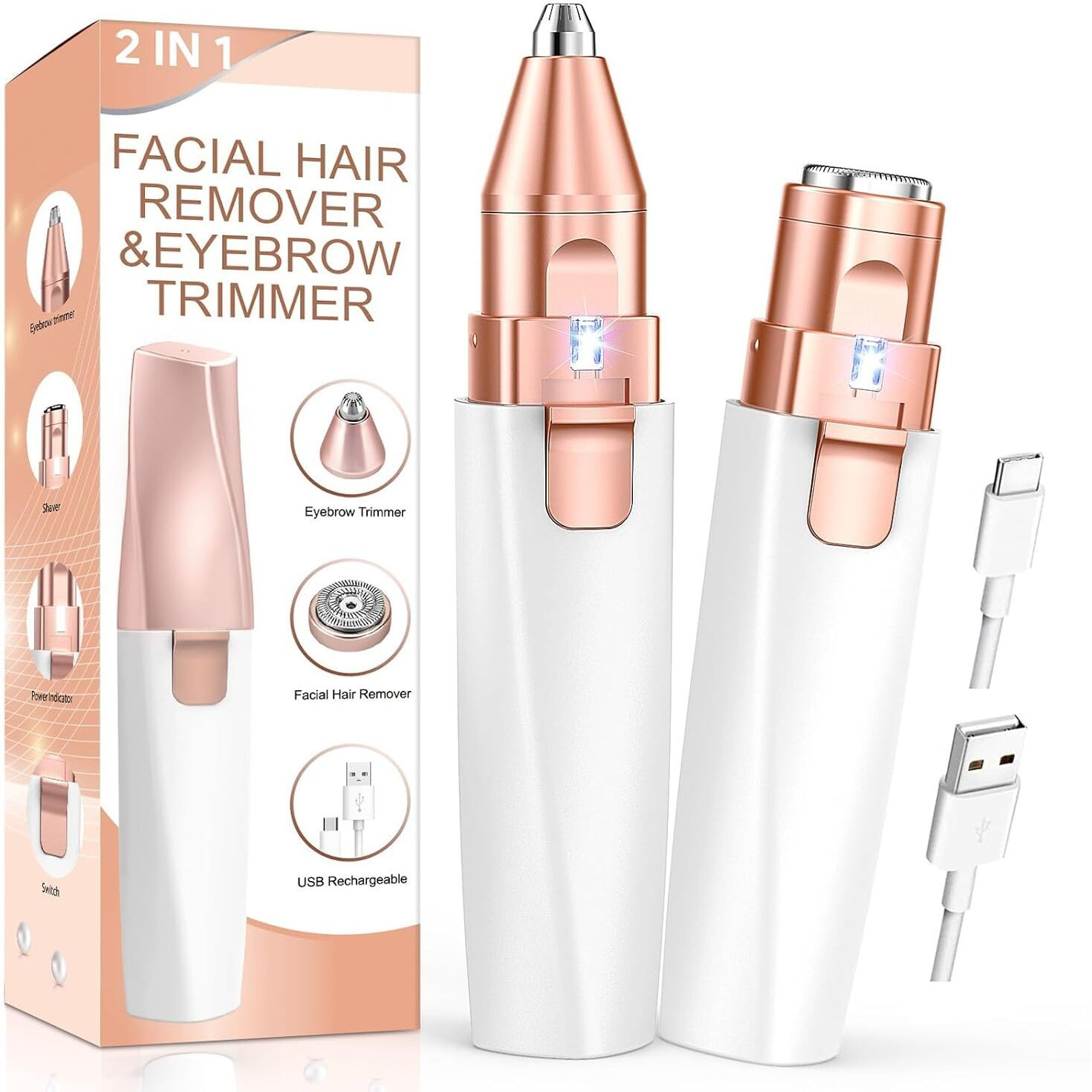 Cleanfly Facial Hair Remover For Women, 2 In 1 Rechargeable Eyebrow Trimmer & Face Hair Remover For Women With Led Light - Electric Hair Trimmer For Women Face & Body, White