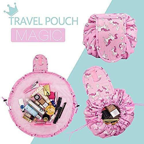 Crownish Women's Polyester Convenient And Waterproof Multifunction Portable Lazy Travel Cosmetic Storage Makeup Organizer Toiletry Bag With Drawstrings (Pink Horse)