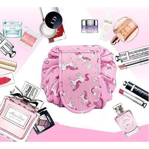 Crownish Women's Polyester Convenient And Waterproof Multifunction Portable Lazy Travel Cosmetic Storage Makeup Organizer Toiletry Bag With Drawstrings (Pink Horse)