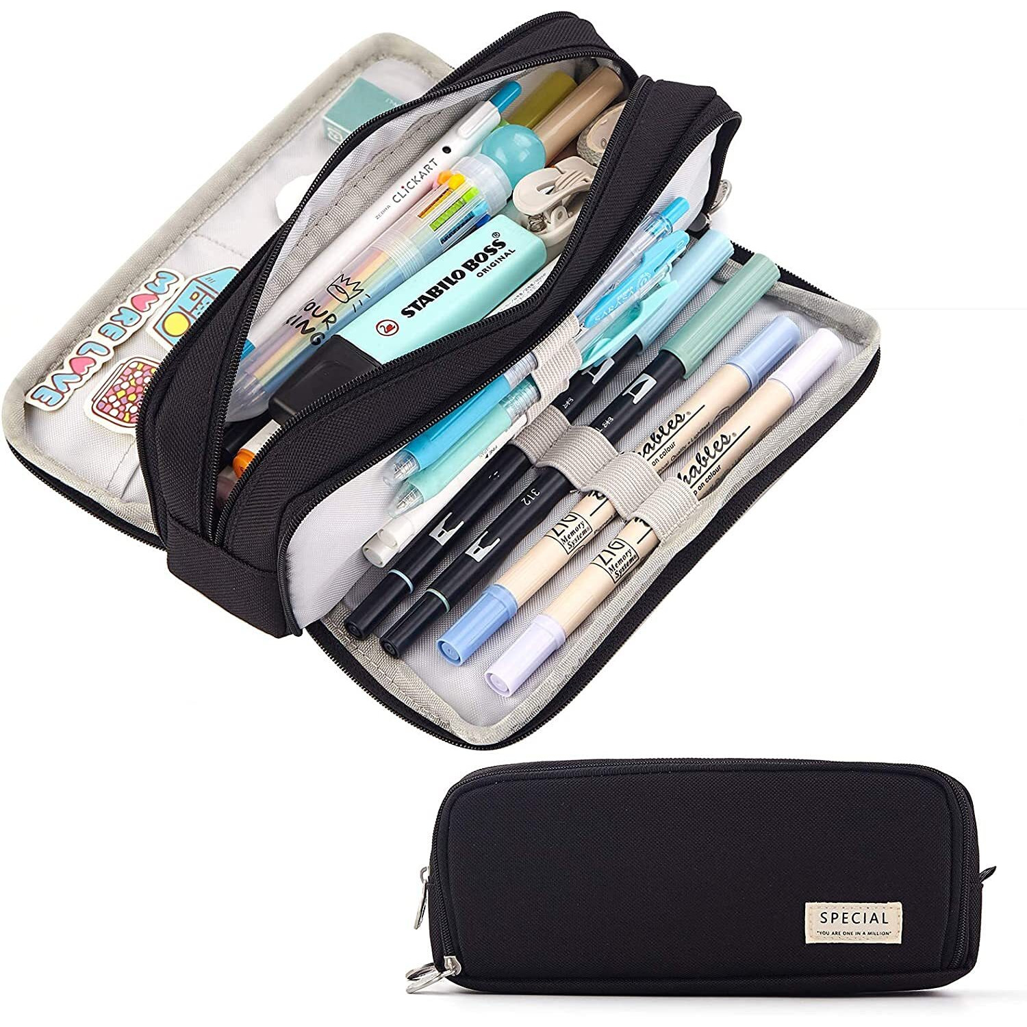 Finemoe Canvas Large Capacity Pencil Box For Girls & Boys, 3 Compartments Pen & Pencil Pouches, Aesthetic Stationery Pouch For School Kids College Students, Cute Stationary Gift For Children (Black)