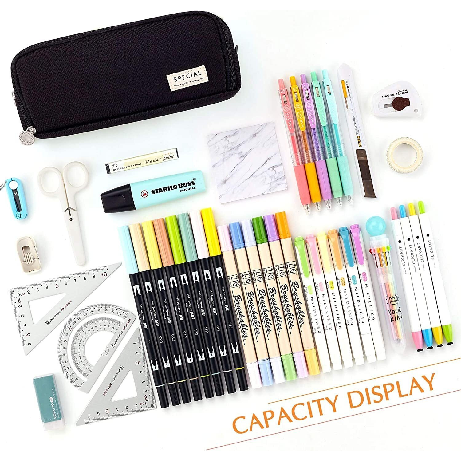 Finemoe Canvas Large Capacity Pencil Box For Girls & Boys, 3 Compartments Pen & Pencil Pouches, Aesthetic Stationery Pouch For School Kids College Students, Cute Stationary Gift For Children (Black)