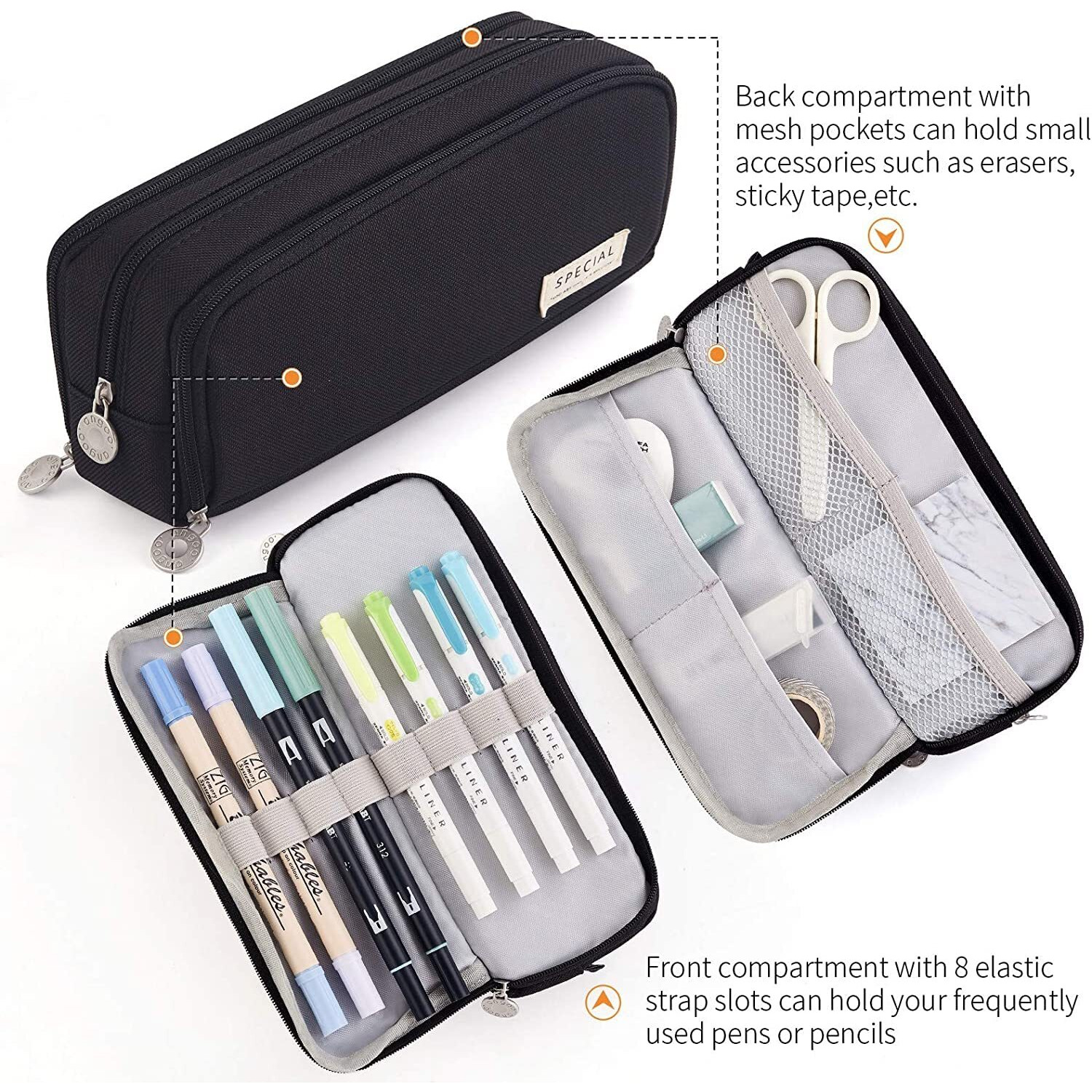 Finemoe Canvas Large Capacity Pencil Box For Girls & Boys, 3 Compartments Pen & Pencil Pouches, Aesthetic Stationery Pouch For School Kids College Students, Cute Stationary Gift For Children (Black)
