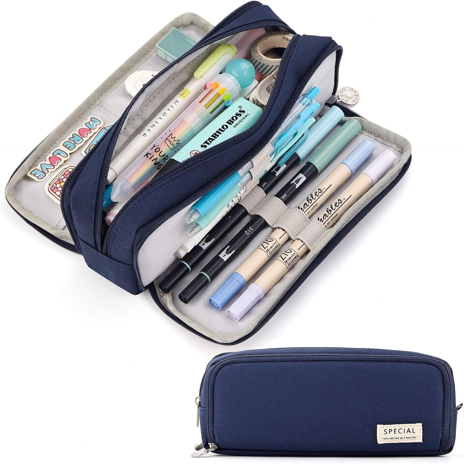 Finemoe Canvas Large Capacity Pencil Box For Girls & Boys, 3 Compartments Pen & Pencil Pouches, Aesthetic Stationery Pouch For School Kids College Students, Cute Stationary Gift For Children (Blue)