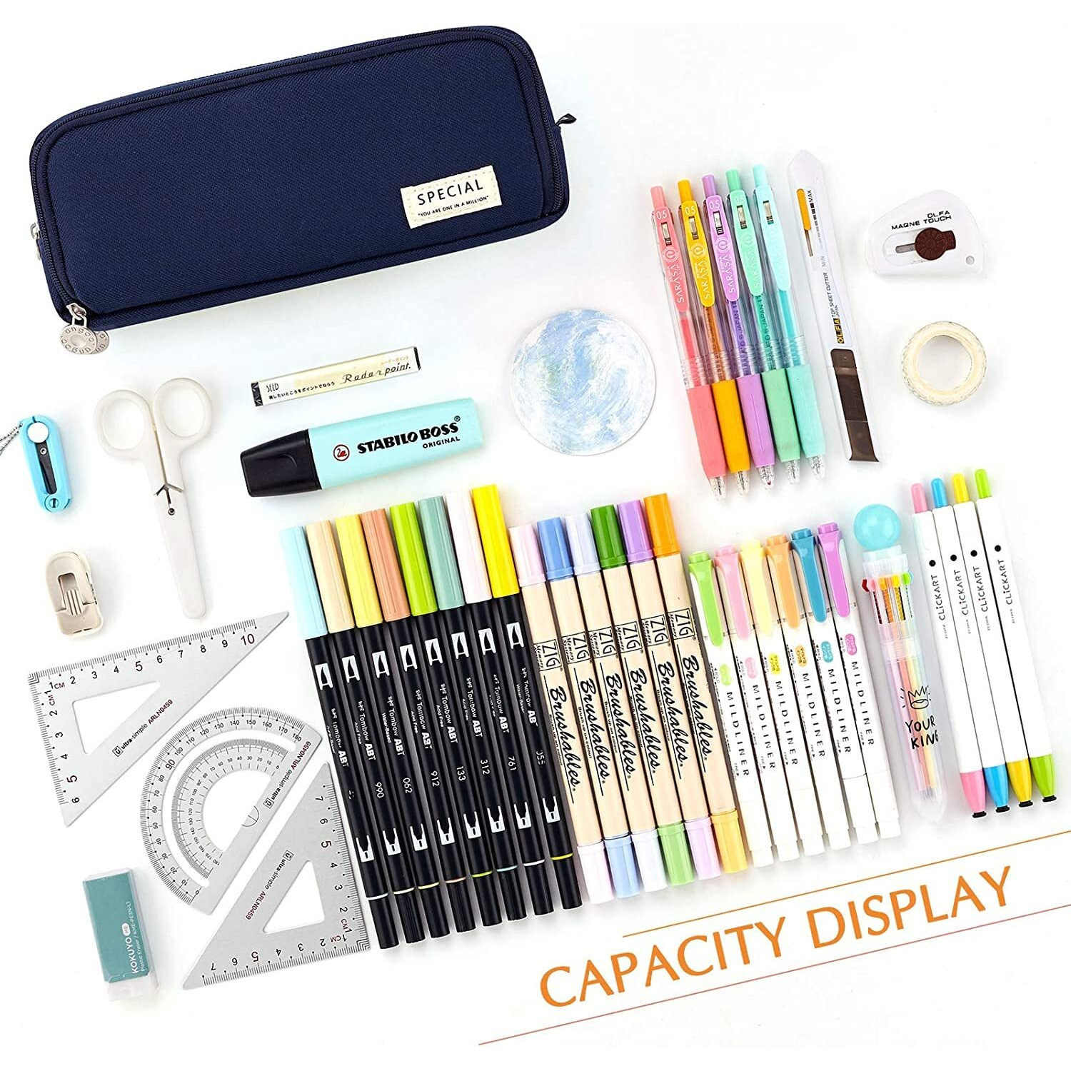 Finemoe Canvas Large Capacity Pencil Box For Girls & Boys, 3 Compartments Pen & Pencil Pouches, Aesthetic Stationery Pouch For School Kids College Students, Cute Stationary Gift For Children (Blue)
