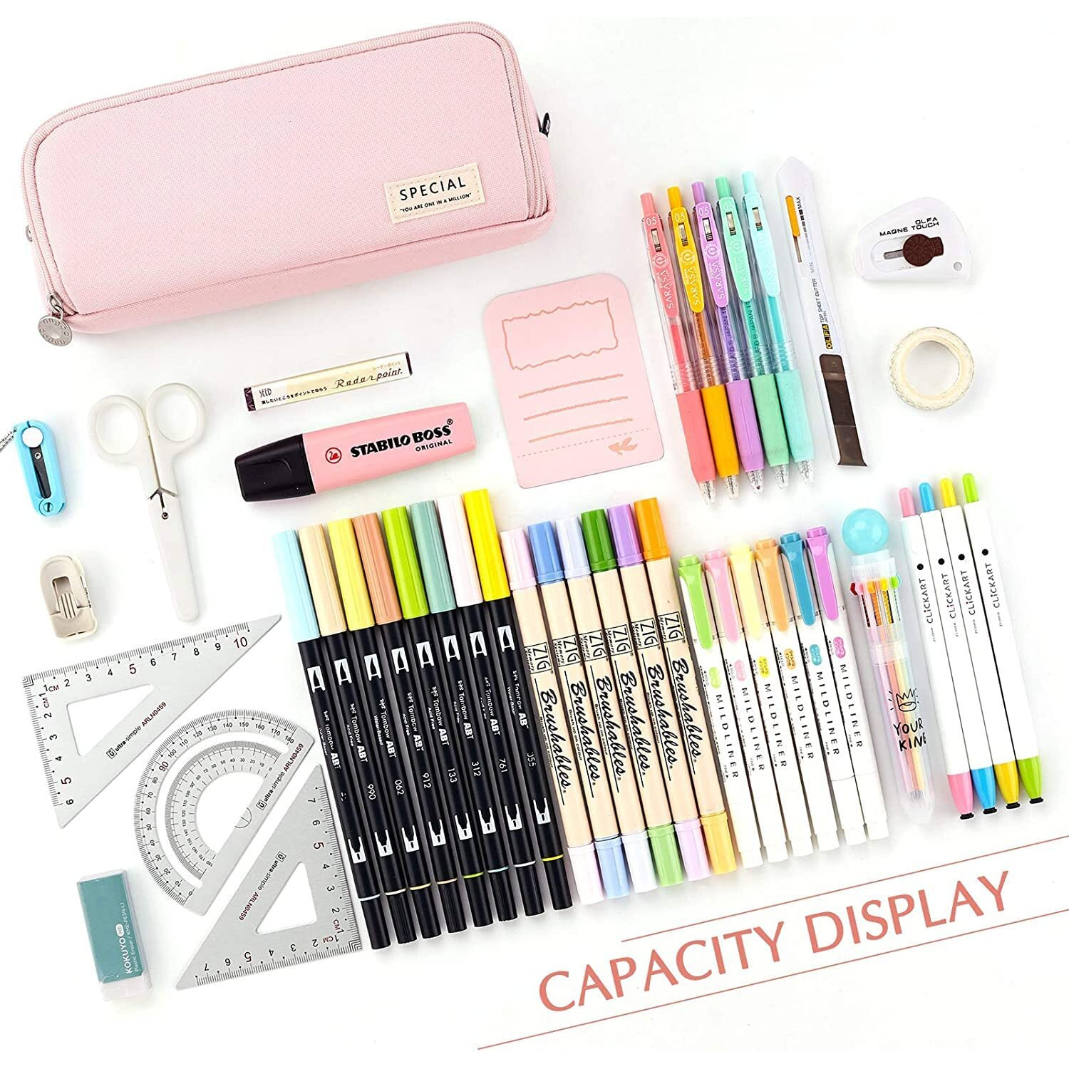 Finemoe Canvas Large Capacity Pencil Box For Girls & Boys, 3 Compartments Pen & Pencil Pouches, Aesthetic Stationery Pouch For School Kids College Students, Cute Stationary Gift For Children (Pink)