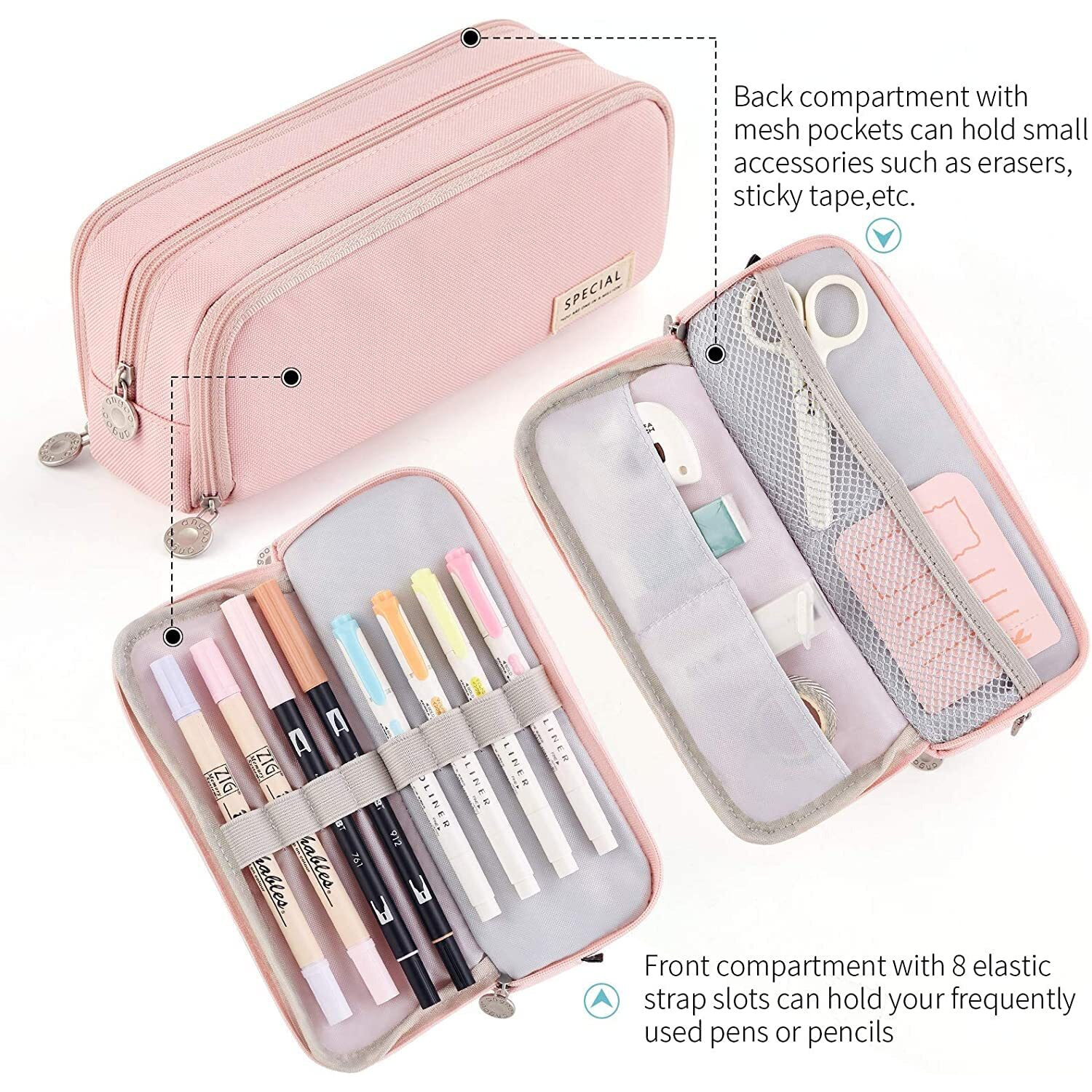 Finemoe Canvas Large Capacity Pencil Box For Girls & Boys, 3 Compartments Pen & Pencil Pouches, Aesthetic Stationery Pouch For School Kids College Students, Cute Stationary Gift For Children (Pink)