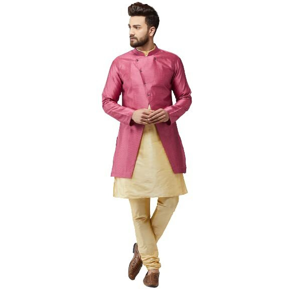Sojanya (Since 1958, Men's Silk Blend Gold Kurta Churidaar Pyjama & Pink Jacket Combo, Size 38
