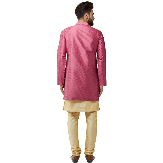 Sojanya (Since 1958, Men's Silk Blend Gold Kurta Churidaar Pyjama & Pink Jacket Combo, Size 38