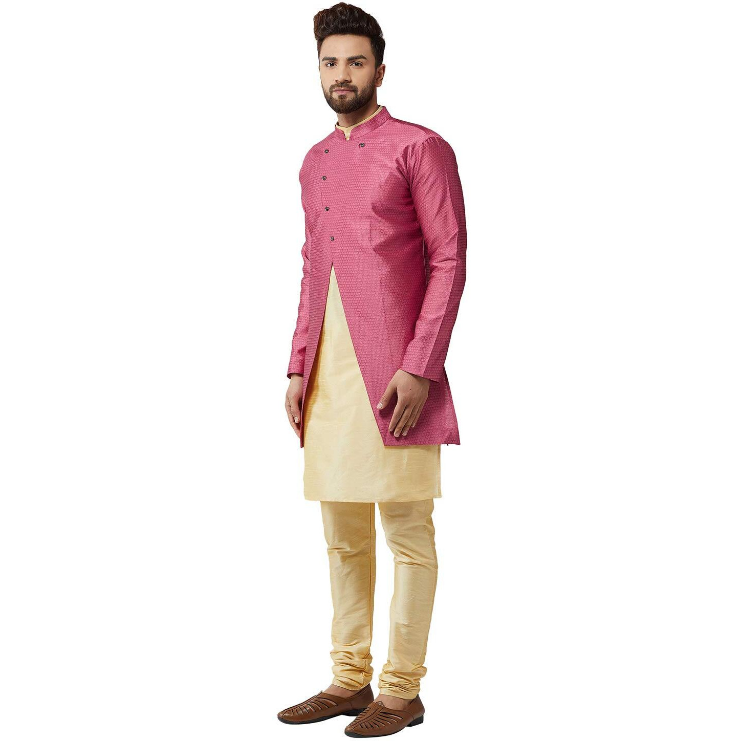 Sojanya (Since 1958, Men's Silk Blend Gold Kurta Churidaar Pyjama & Pink Jacket Combo, Size 38