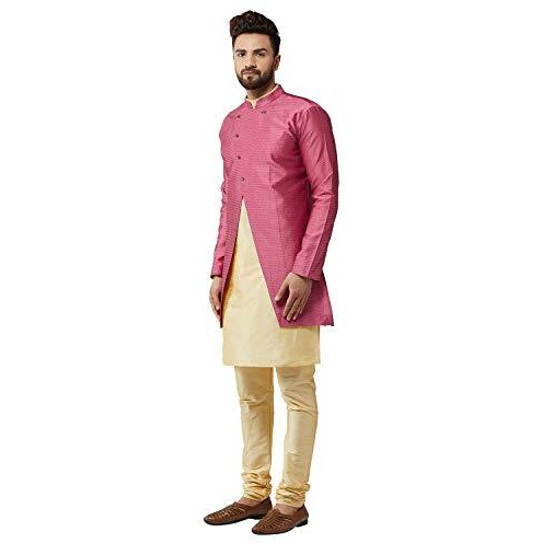 Sojanya (Since 1958, Men's Silk Blend Gold Kurta Churidaar Pyjama & Pink Jacket Combo, Size 40