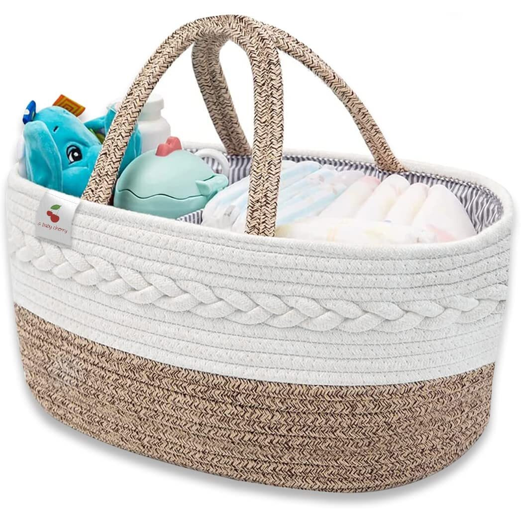 A Baby Cherry Cotton-Diaper Baby Products Caddy|Baby Bags For Newborn|Diaper Caddy Bag Organizer Large Capacity(40 * 28 * 20Cm)|Nursery Storage Bin And Car Organizer For Diapers And Baby Wipes(Brown)