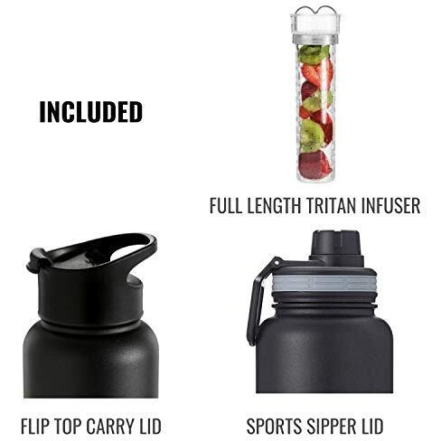 Instacuppa Thermosteel Steel Fruit Infuser Water Bottle 1 Litre, Tritan Infusion Unit, Detox Infused Recipe Ebook, 2 Lids (Black)