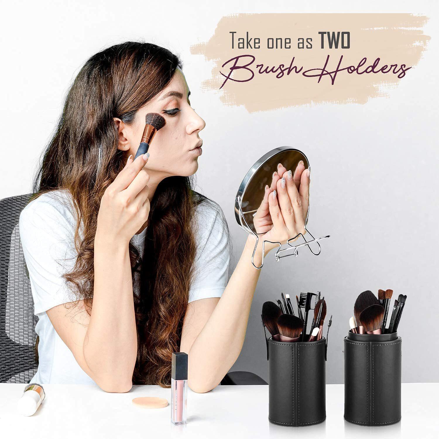 Finemoe Large Makeup Brush Holder For Makeup Artist&Makeup Brushes Set Organizer For Travel,Premium Pu Leather Makeup Brush Stand Cosmetic Dustproof Makeup Brush Pouch&Pouch Cup Case(Black),7.6 Cm