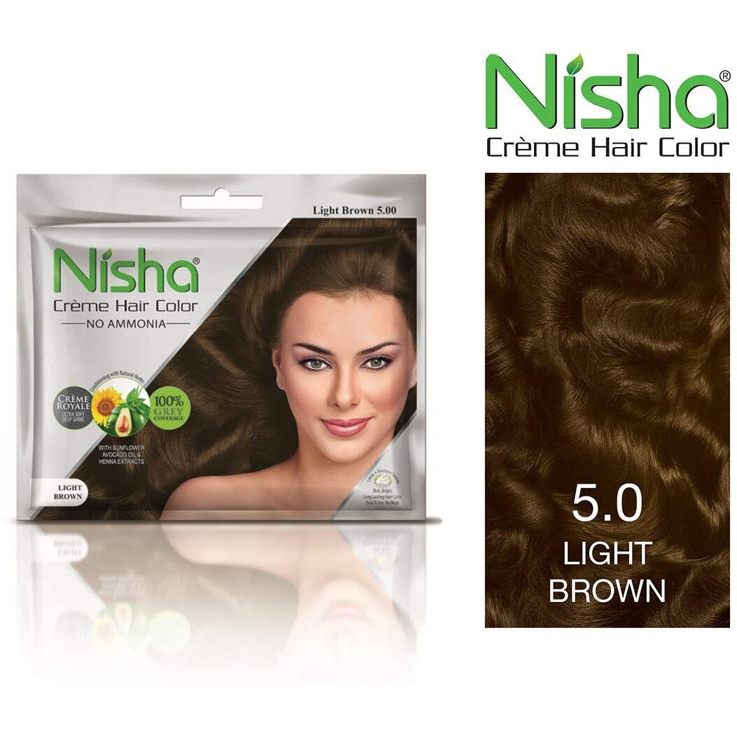 Nisha Cream Hair Color Rich Bright Long Lasting Hair Colouring For Ultra Soft Deep Shine 100% Grey Coverage Conditioning With Natural Herbs Light Brown (Pack Of 6)