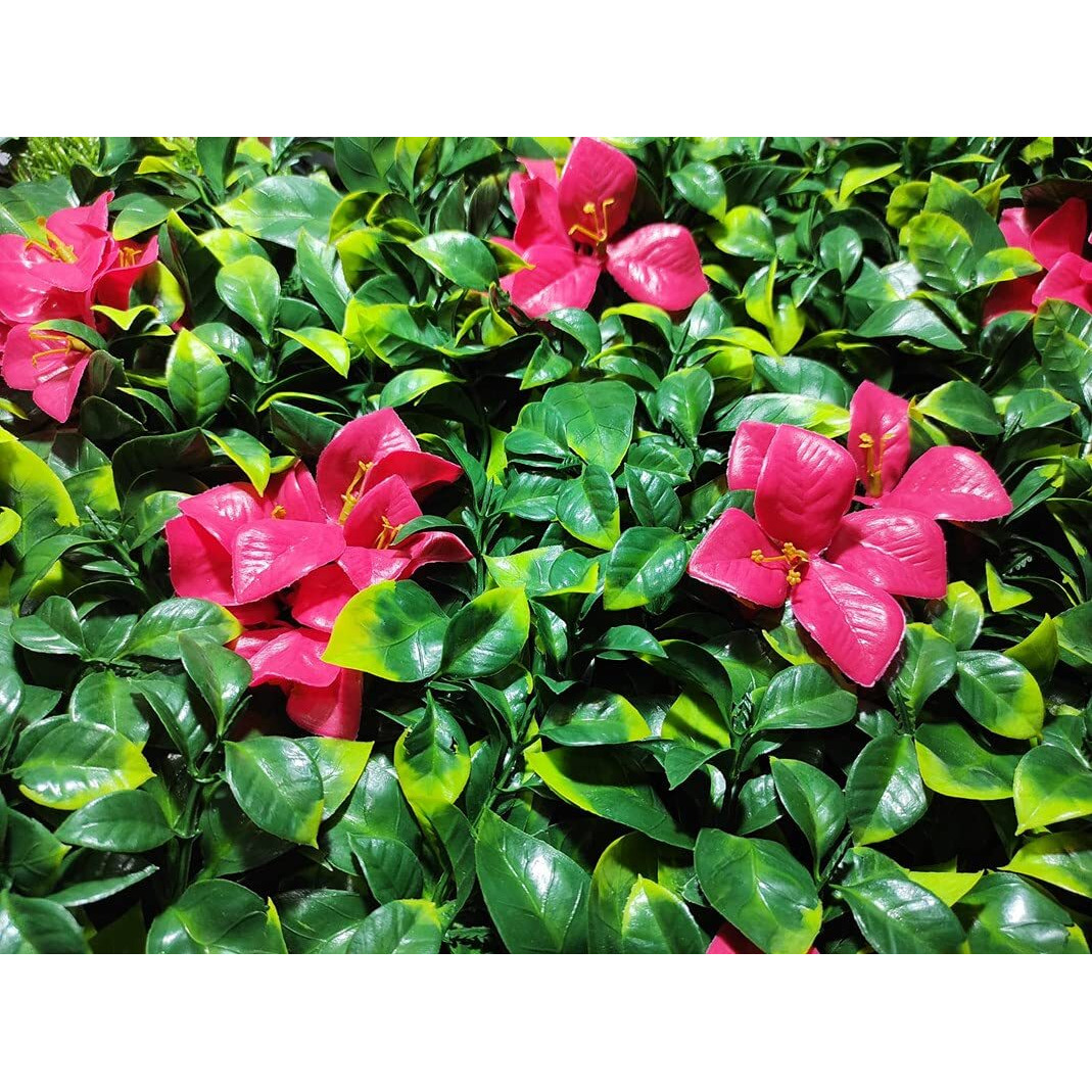 Golden Cart Plastic Artificial Wall Grass For Home Decoration (2 Pcs) I Grass Mat For Wall I Vertical Garden Artificial Plants (Lemon Green With Large Red Flowers, 50Cm X 50Cm X 5Cm, Pack Of 2)