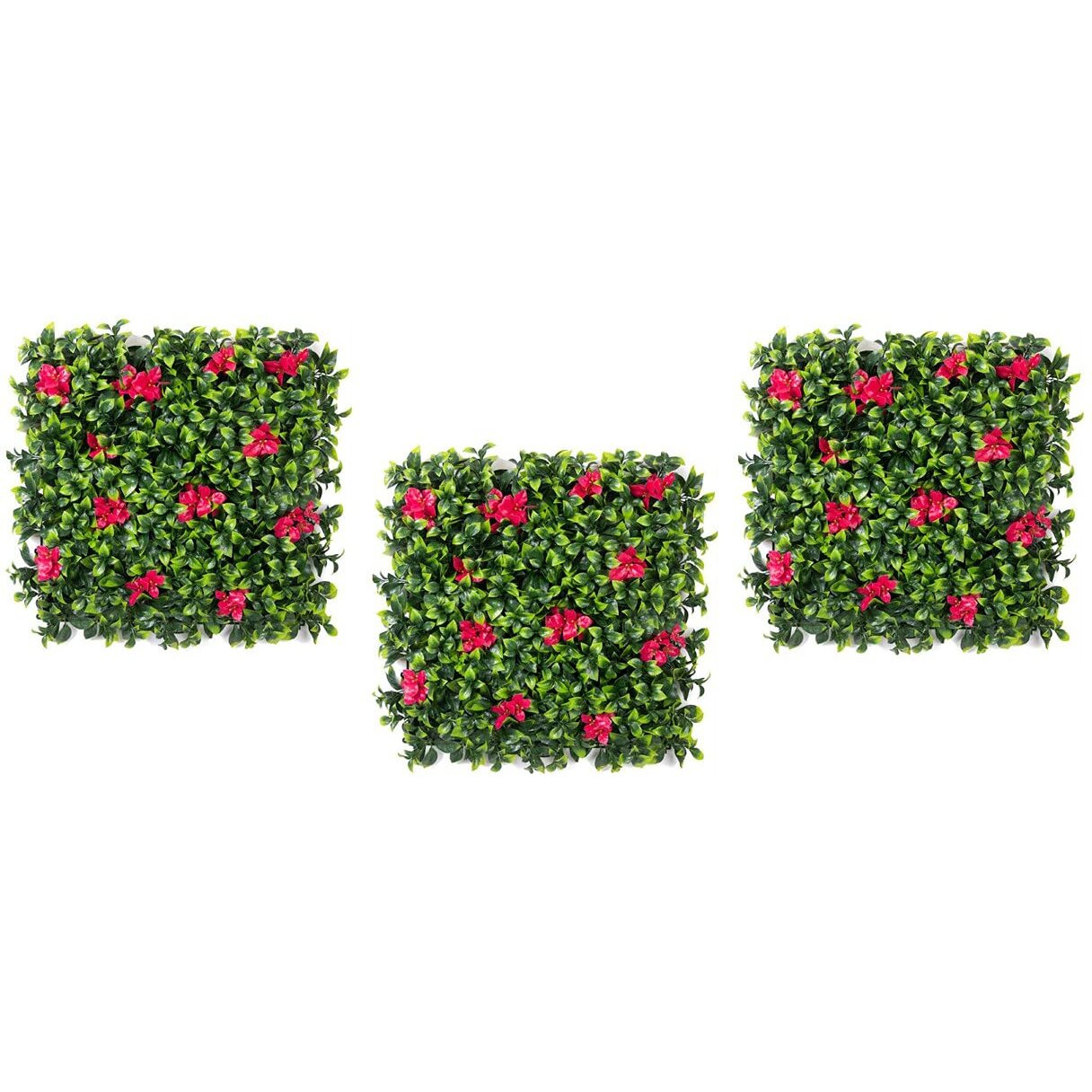 Golden Cart Plastic Artificial Wall Grass For Home Decoration (3 Pcs) I Grass Mat For Wall I Vertical Garden Artificial Plants (Lemon Green With Large Red Flowers, 50Cm X 50Cm X 5Cm, Pack Of 3)