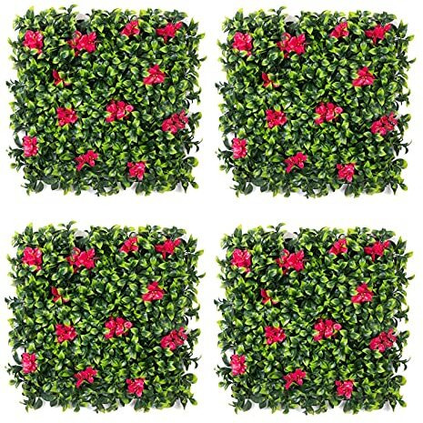 Golden Cart Plastic Artificial Wall Grass For Home Decoration (4 Pcs) I Grass Mat For Wall I Vertical Garden Artificial Plants (Lemon Green With Large Red Flowers, 50Cm X 50Cm X 5Cm, Pack Of 4)