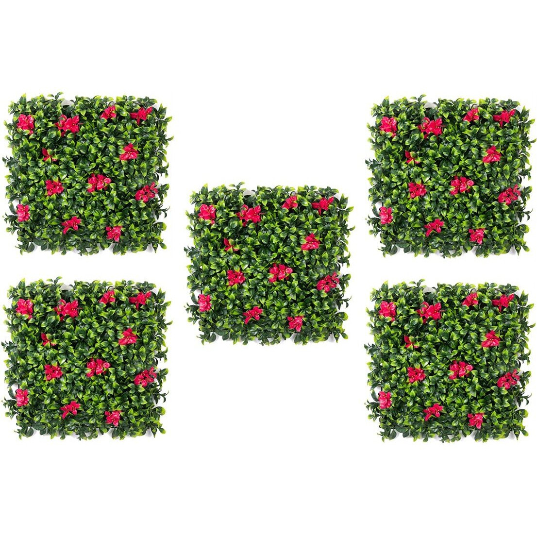 Golden Cart Artificial Wall Grass For Home Decoration (5 Pcs) I Grass Mat For Wall I Vertical Garden Artificial Plants (Lemon Green With Large Red Flowers, 50Cm X 50Cm X 5Cm, Pack Of 5)