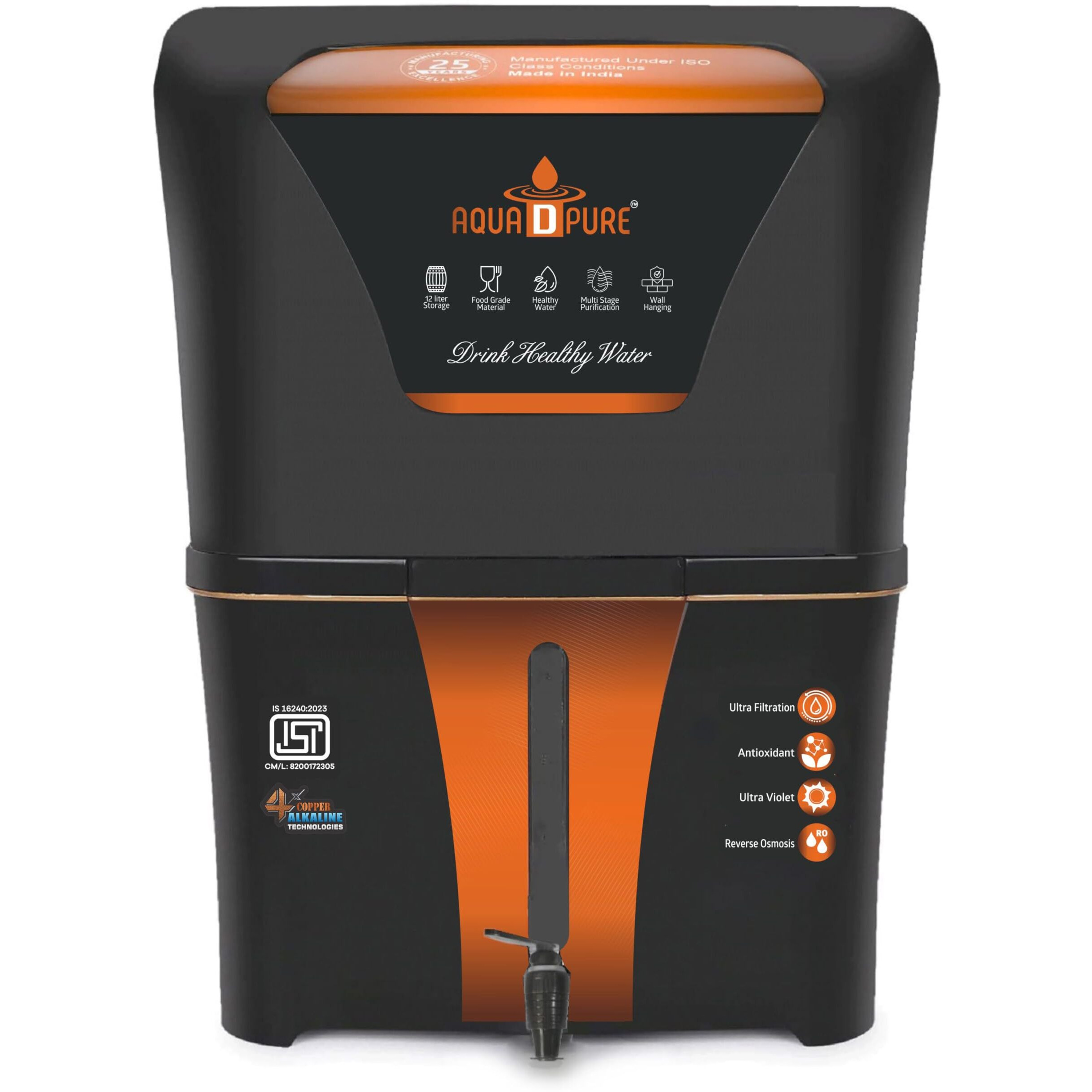 Aqua D Pure 4 In 1 Alkaline Ro Waer Purifier With Goodness Of Copper And Ro, Uv, Uf, Inbuilt Tds Adjuster, Multisource Water Compatibility, Black