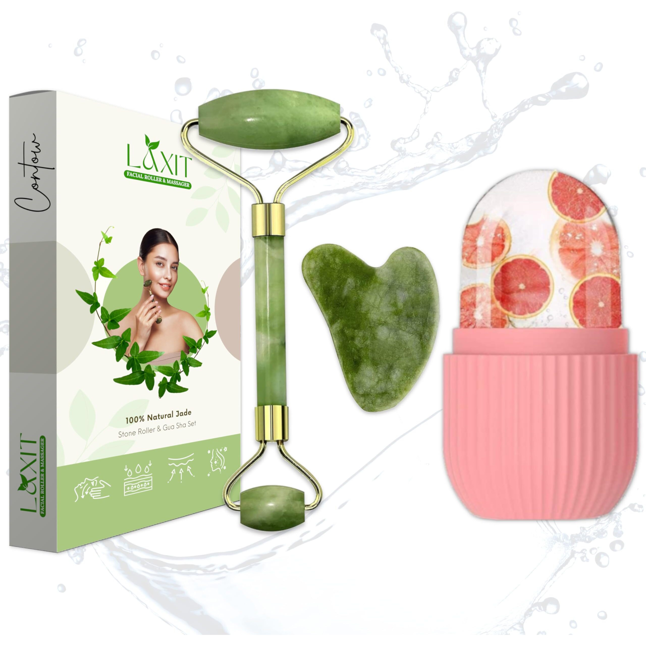 Laxit  Face Stone Jade Roller Massager With Gua Sha Stone And Ice Roller Set Facial Roller 100% Natural Stone Jade Roller For Skin Eye Neck Body Ice Cube Roller Women Men Beauty Silicone Reusable