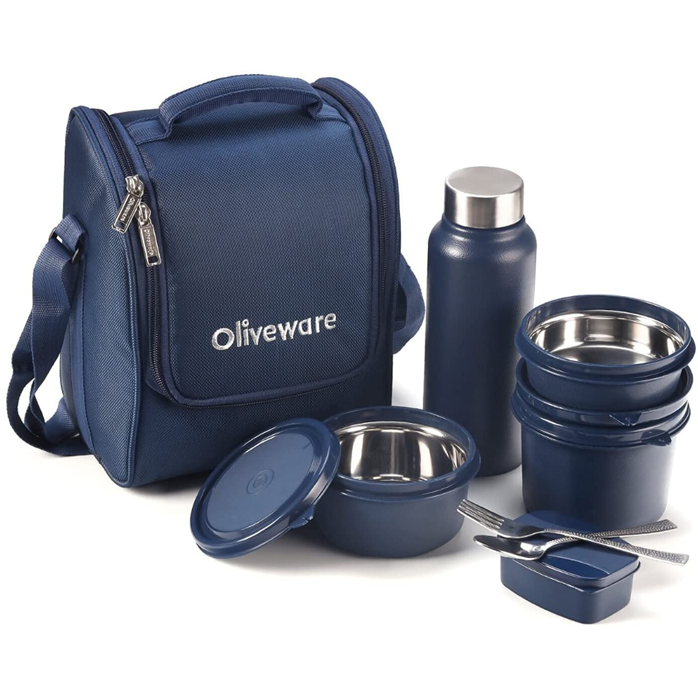 Oliveware Teso Pro Lunch Box With Cutlery, 3 Microwave Safe Inside Steel Containers With Bpa Free Lids(290Ml, 450Ml & 600Ml), Plastic Pickle Box(130Ml), Steel Water Bottle(750Ml) - Blue