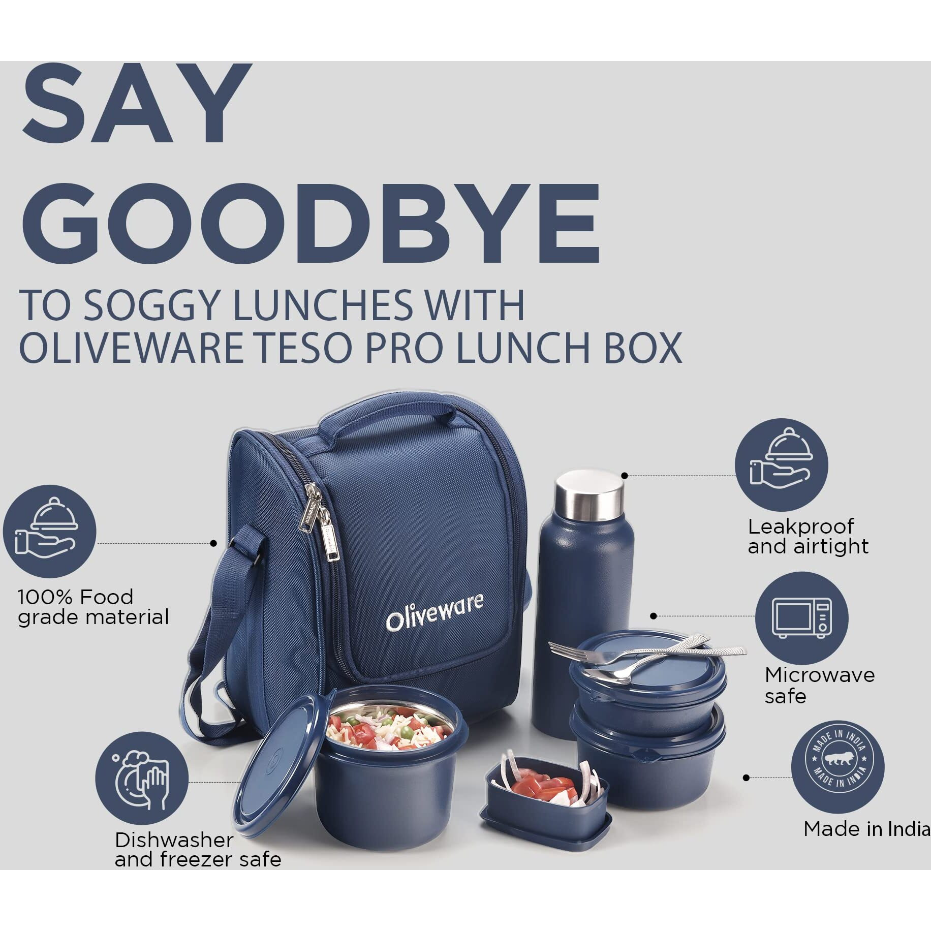 Oliveware Teso Pro Lunch Box With Cutlery, 3 Microwave Safe Inside Steel Containers With Bpa Free Lids(290Ml, 450Ml & 600Ml), Plastic Pickle Box(130Ml), Steel Water Bottle(750Ml) - Blue