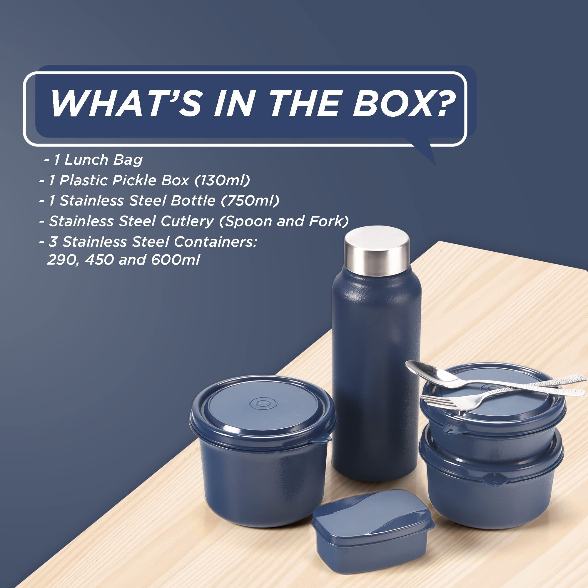 Oliveware Teso Pro Lunch Box With Cutlery, 3 Microwave Safe Inside Steel Containers With Bpa Free Lids(290Ml, 450Ml & 600Ml), Plastic Pickle Box(130Ml), Steel Water Bottle(750Ml) - Blue