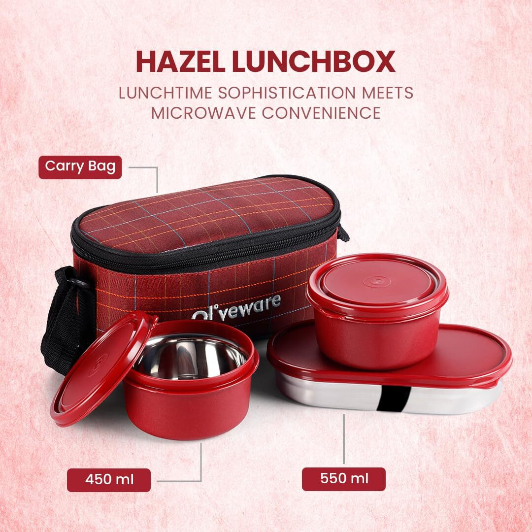 Sopl-Oliveware Hazel Lunch Box, Leak Proof & Microwave Safe, 3 Inner Steel Containers (450Ml, 450Ml, 550Ml), Insulated Fabric Bag, Full Meal & Easy To Carry (Red)