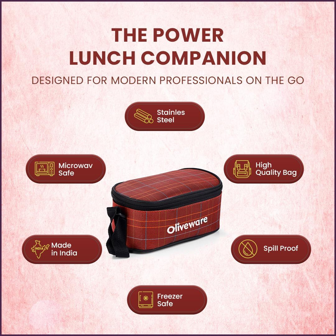 Sopl-Oliveware Hazel Lunch Box, Leak Proof & Microwave Safe, 3 Inner Steel Containers (450Ml, 450Ml, 550Ml), Insulated Fabric Bag, Full Meal & Easy To Carry (Red)