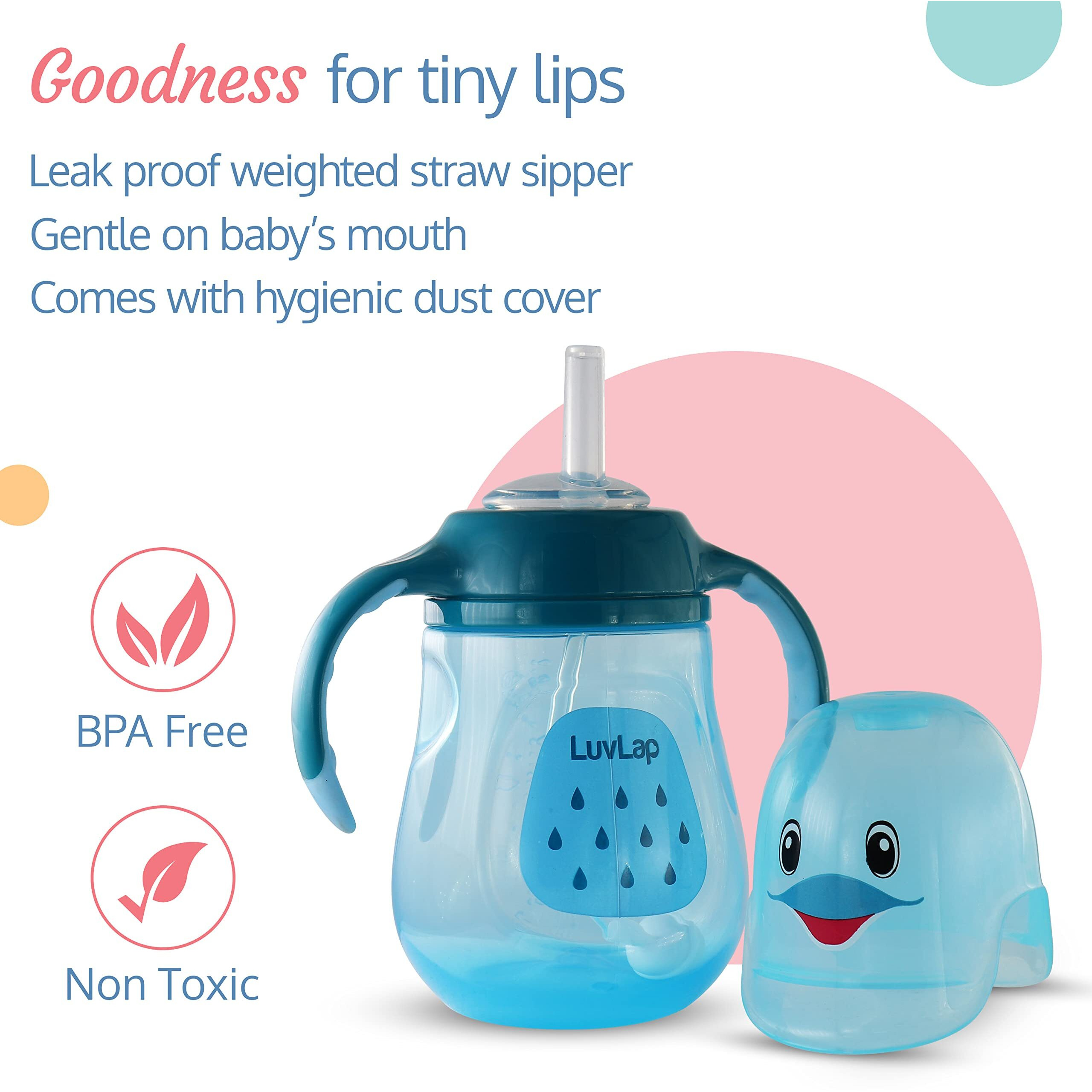Luvlap Little Dolphin Sipper For Infant/Toddler 280Ml, Anti-Spill Sippy Cup With Soft Silicone Straw Bpa Free, 12M+ (Blue)