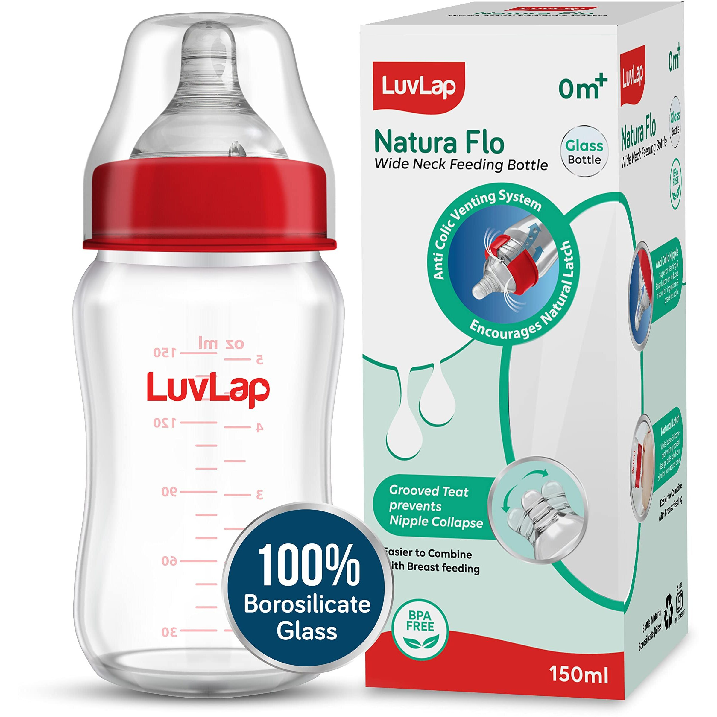 Luvlap Natura Flo Wide Neck Glass Feeding Bottle, New Born/Infants/Toddler Upto 3 Years, Bpa Free, Ergonomic Shape Is Easy To Hold, With Anti Colic Nipple, 150Ml