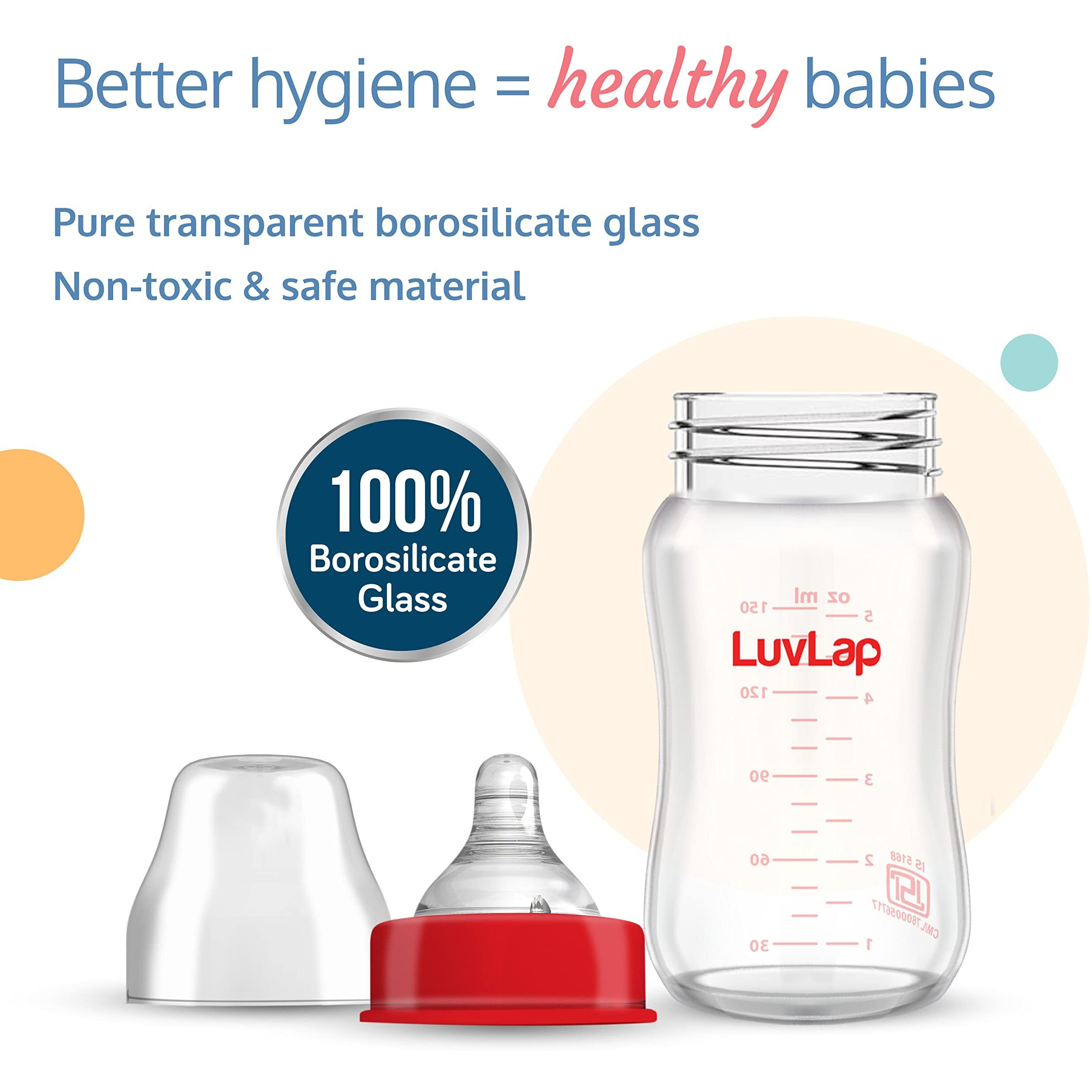 Luvlap Natura Flo Wide Neck Glass Feeding Bottle, New Born/Infants/Toddler Upto 3 Years, Bpa Free, Ergonomic Shape Is Easy To Hold, With Anti Colic Nipple, 150Ml
