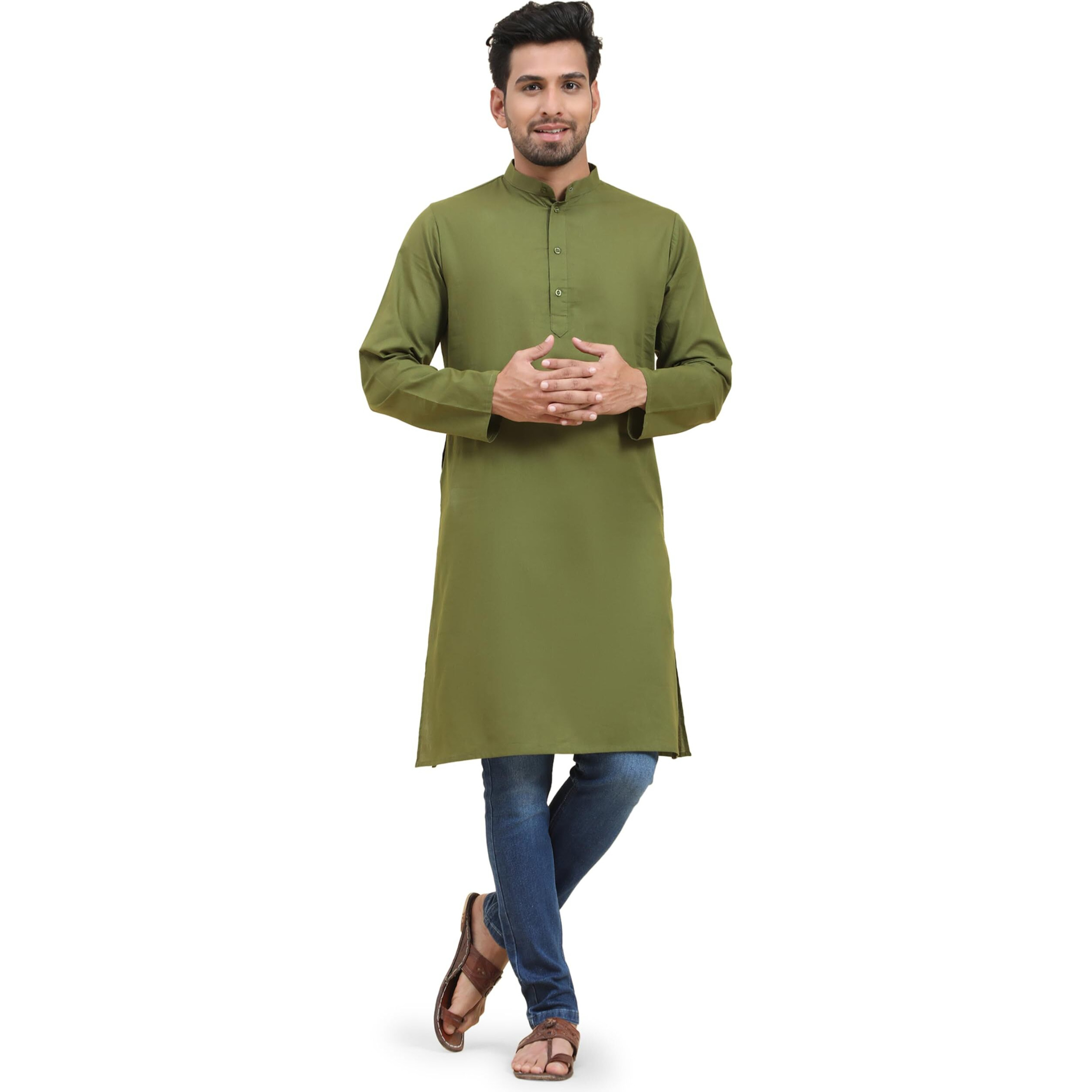 Skavij Mens Cotton Casual Wear Modern Kurta Shirt For Everyday Use Yoga Outfit Olive_Green_X-Large