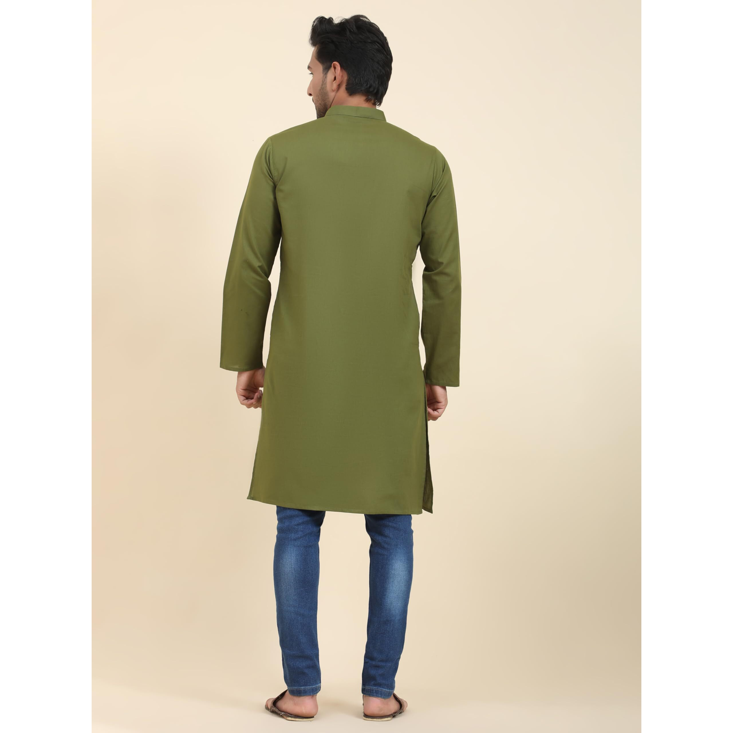 Skavij Mens Cotton Casual Wear Modern Kurta Shirt For Everyday Use Yoga Outfit Olive_Green_X-Large