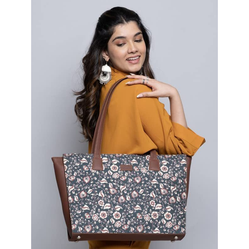 Zouk Chittoor Blue Kalamkari Motif Printed Jute Handcrafted Vegan Leather Women's Blue Structured Tote Bag Contemporary