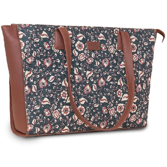 Zouk Chittoor Blue Kalamkari Motif Printed Jute Handcrafted Vegan Leather Women's Blue Structured Tote Bag Contemporary