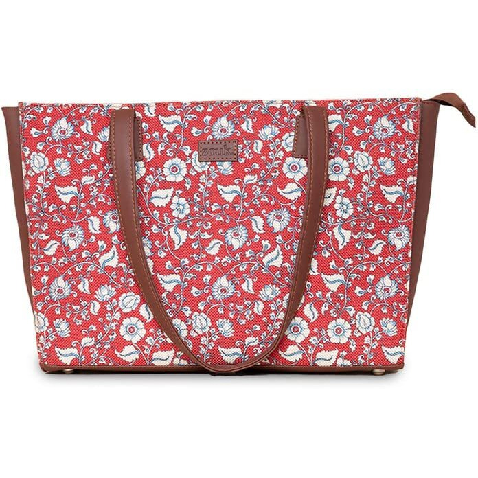 Zouk Chittoor Red Kalamkari Motif Printed Jute Handcrafted Vegan Leather Women's Red Structured Tote Bag