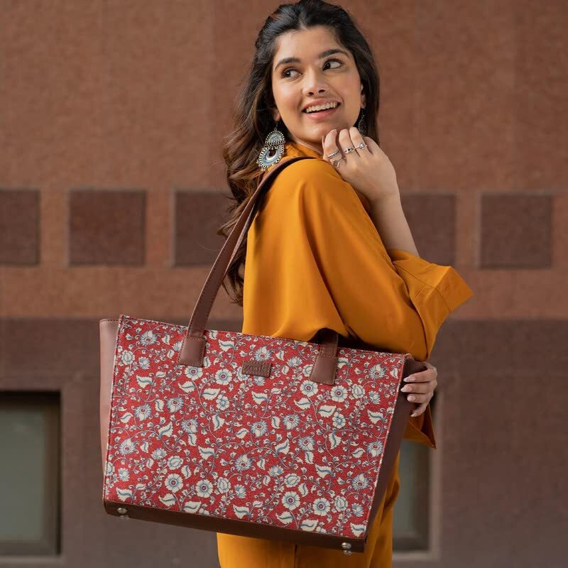 Zouk Chittoor Red Kalamkari Motif Printed Jute Handcrafted Vegan Leather Women's Red Structured Tote Bag