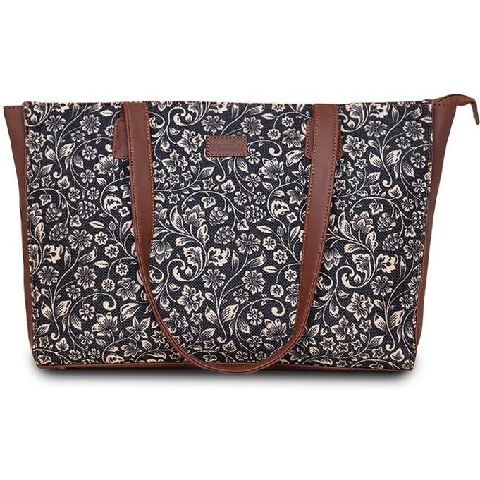 Zouk Flomotif Floral Printed Jute Handcrafted Vegan Leather Women's Black Structured Tote Bag Contemporary