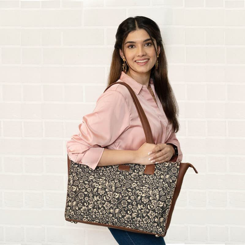 Zouk Flomotif Floral Printed Jute Handcrafted Vegan Leather Women's Black Structured Tote Bag Contemporary